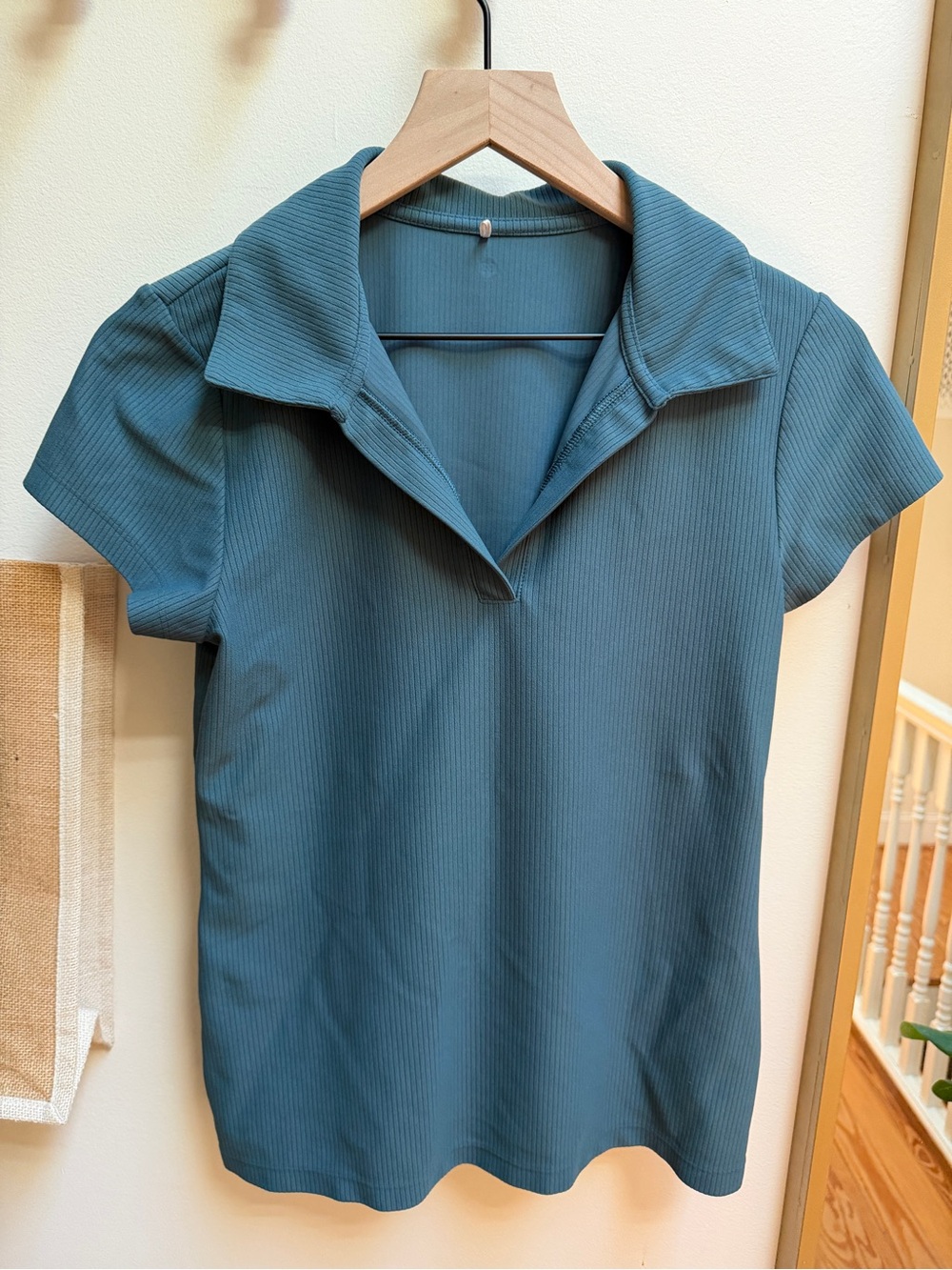 CALIA Ribbed Short-Sleeve Golf Polo Top in Teal